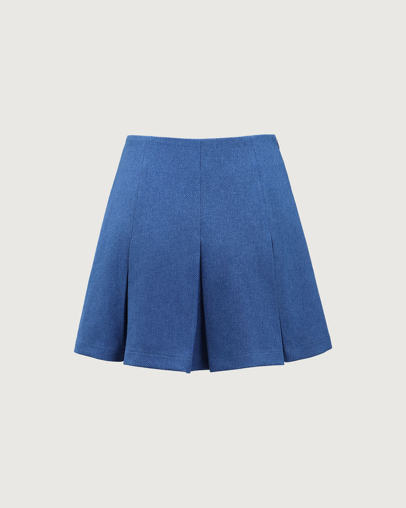 Blue High-waisted Pleated Mini Skirt