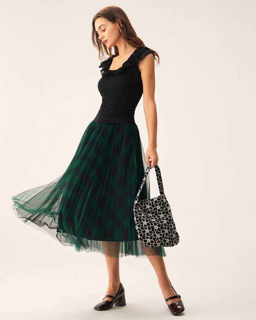 Green Mesh Pleated Midi Skirt