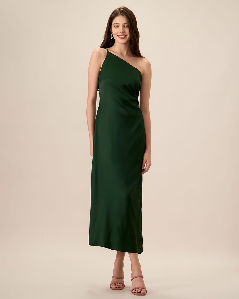 Women's Green One-shoulder Satin Maxi Dress - RIHOAS