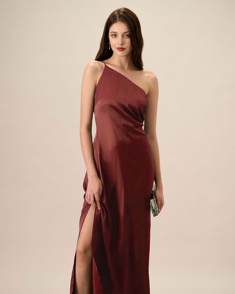 Women's Red One-shoulder Satin Maxi Dress