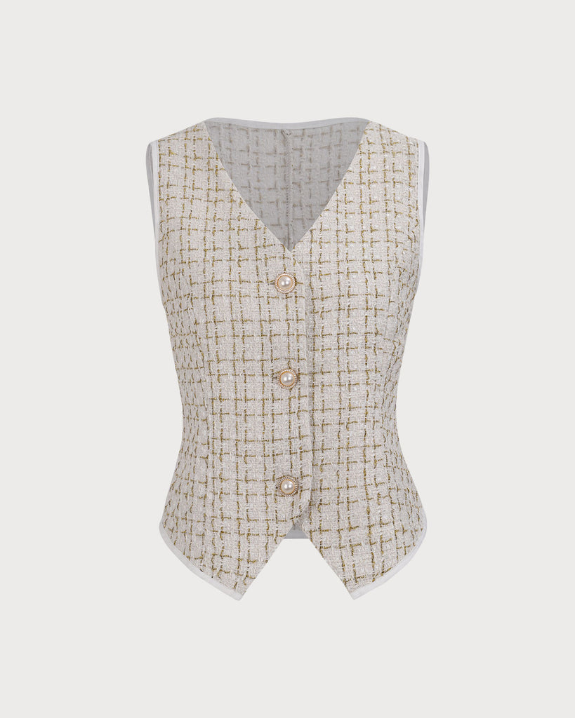 Women's Apricot V-Neck Buttoned Tweed Vest