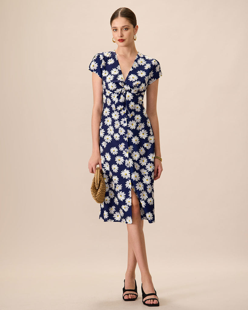 Women's Navy Button-Up Floral Midi Dresses - RIHOAS