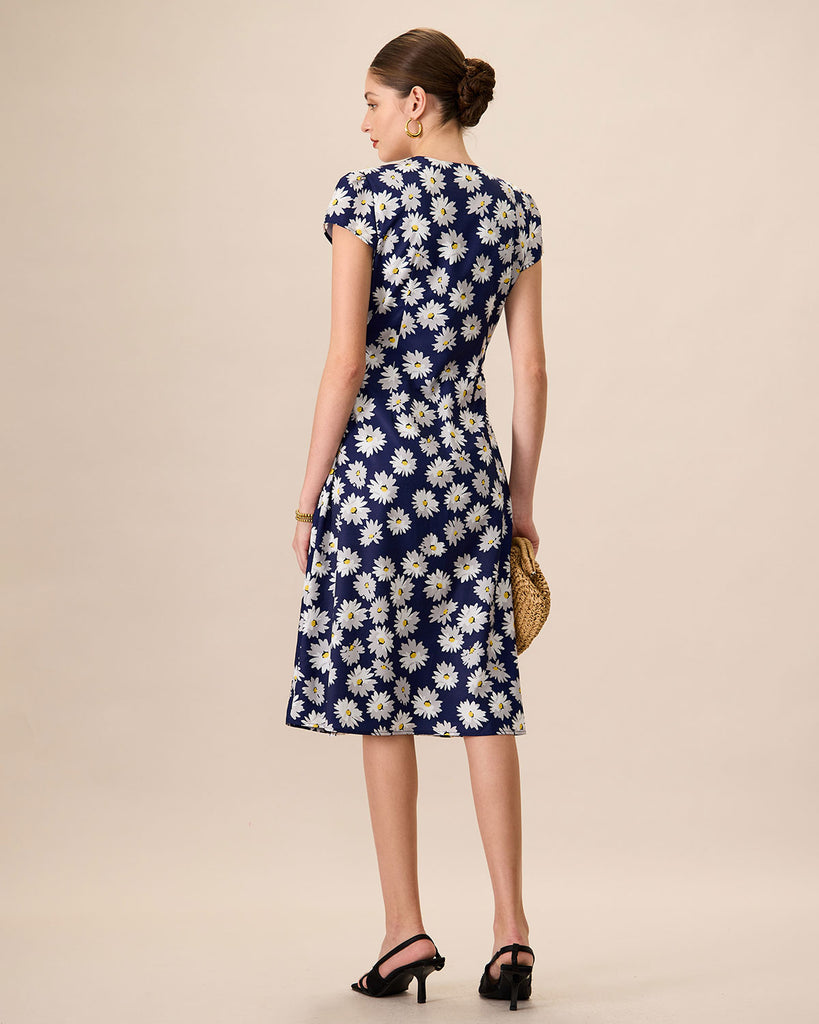 Women's Navy Button-Up Floral Midi Dresses - RIHOAS