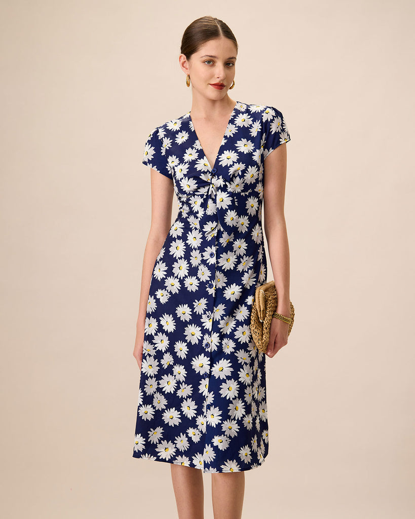 Women's Navy Button-Up Floral Midi Dresses - RIHOAS