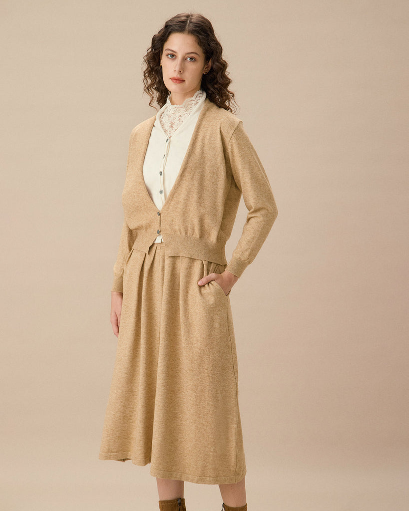 Brown V Neck Cardigan Skirt Set