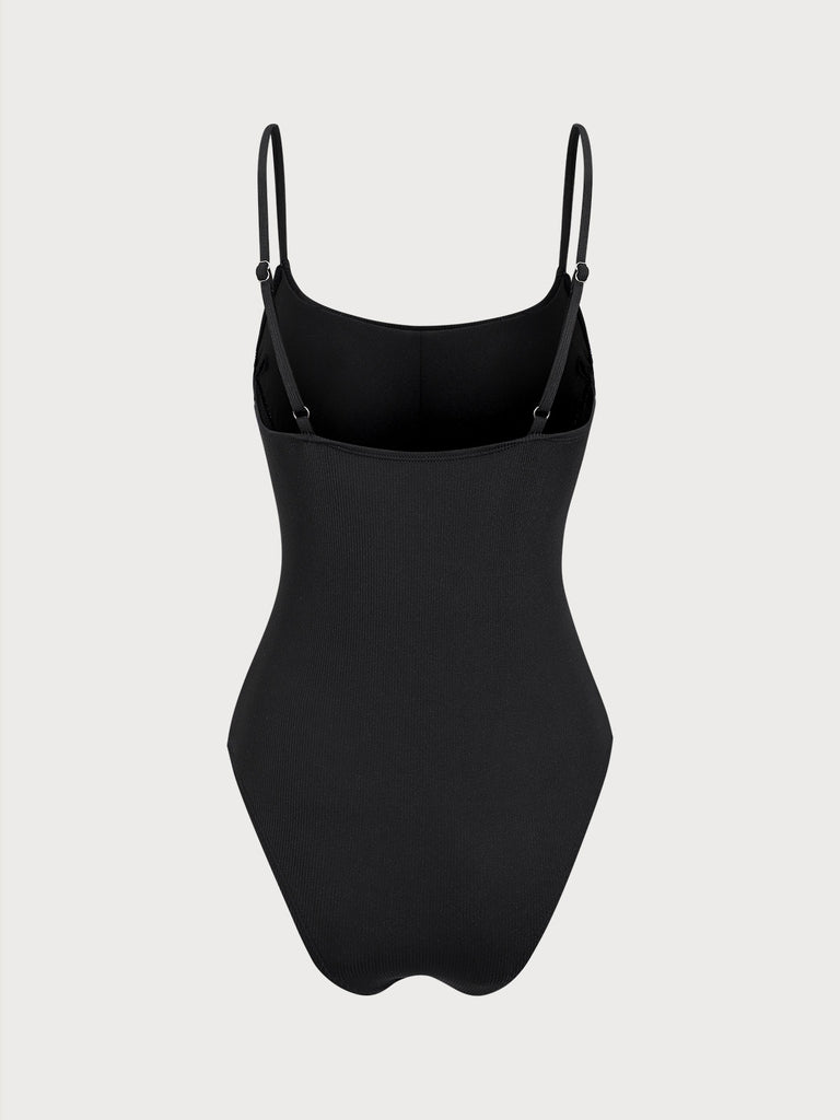 Black Contrast Ribbed One-Piece Swimsuit