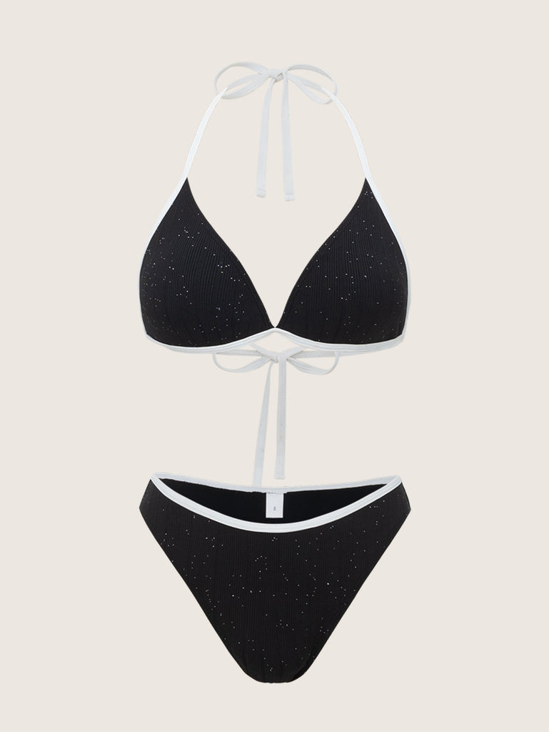 Black Contrast Sequins Bikini Set