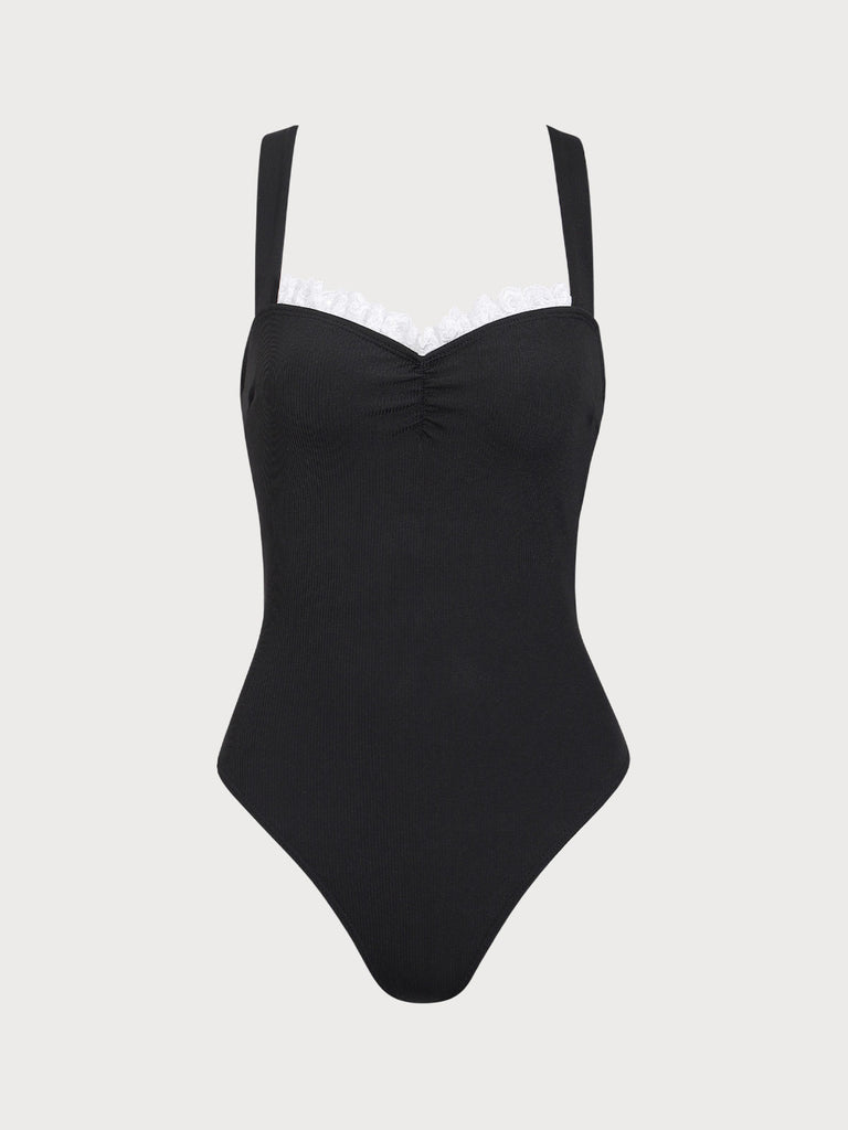 Black Lace  Contrast One-Piece Swimsuit