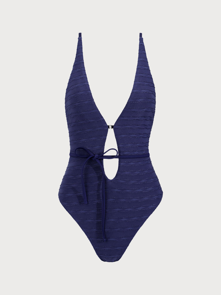 Blue Textured Tie Front One-Piece Swimsuit