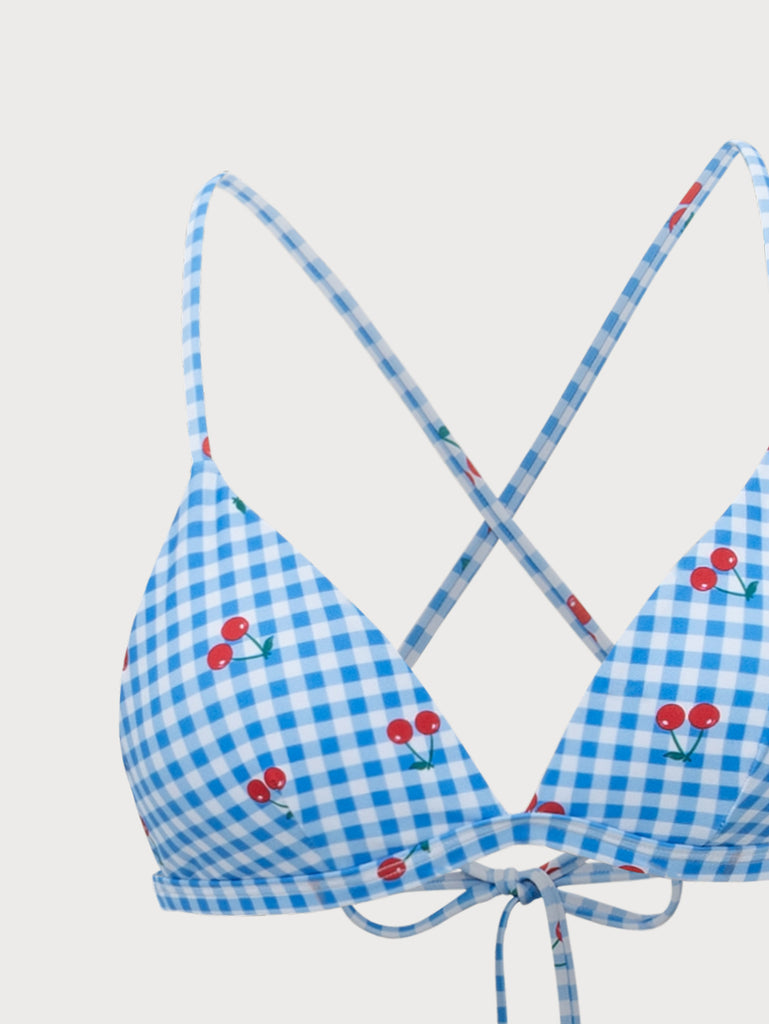 Blue Plaid Cherry Halter Bikini Set