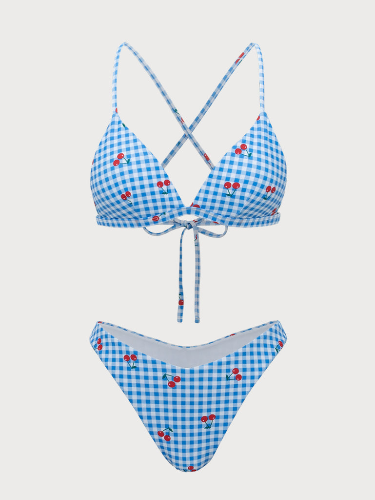 Blue Plaid Cherry Halter Bikini Set