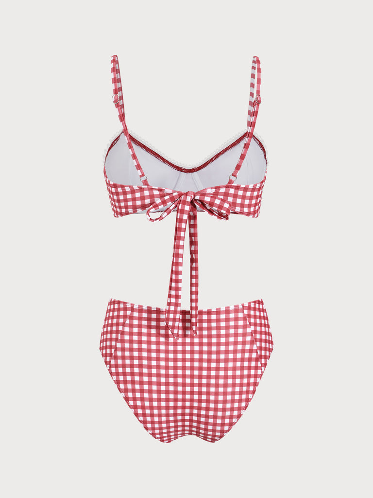 Red Plaid Tie-back Bikini Set