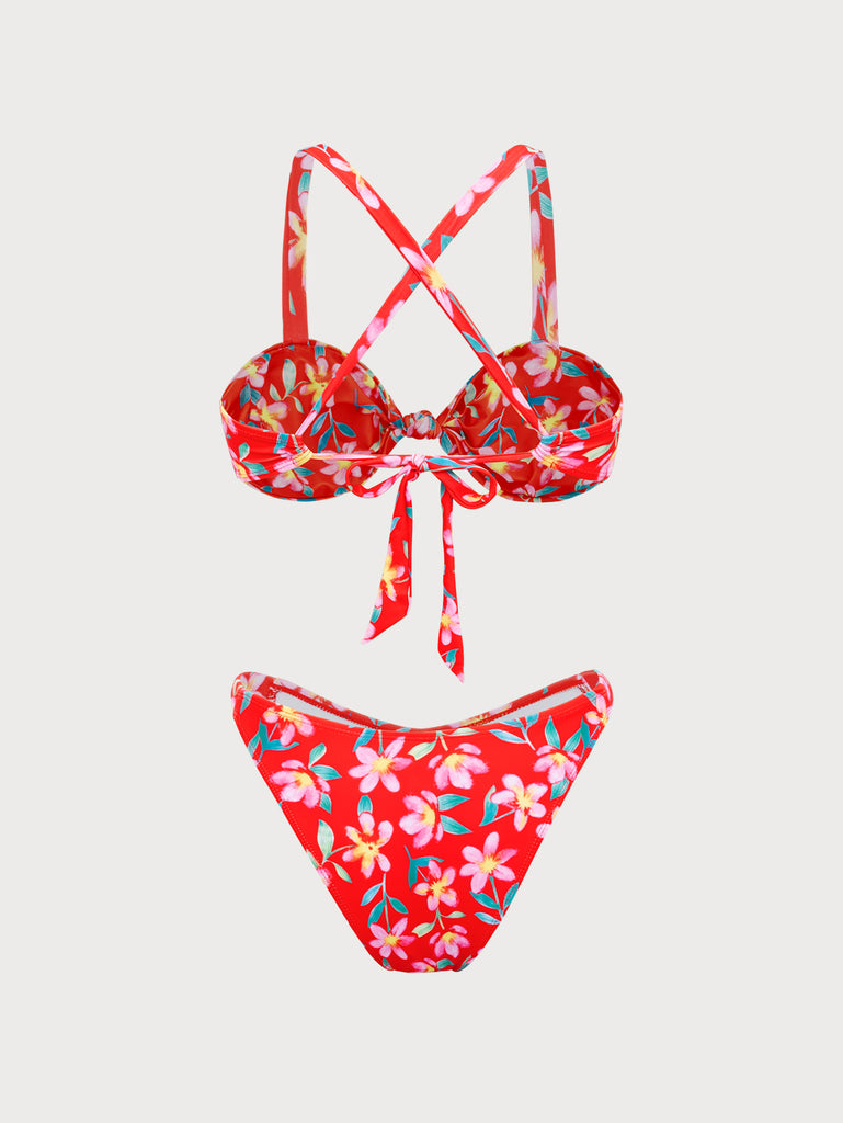 Red Floral Criss-Cross Bikini Set