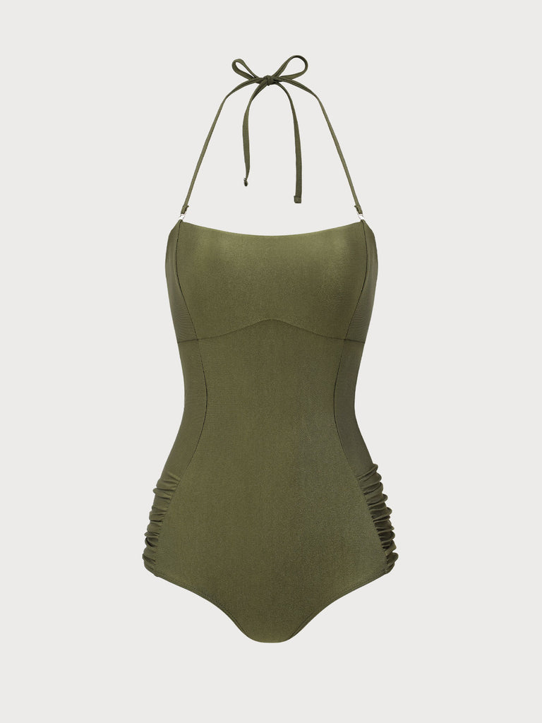 Green Ruched Halter One-Piece Swimsuit