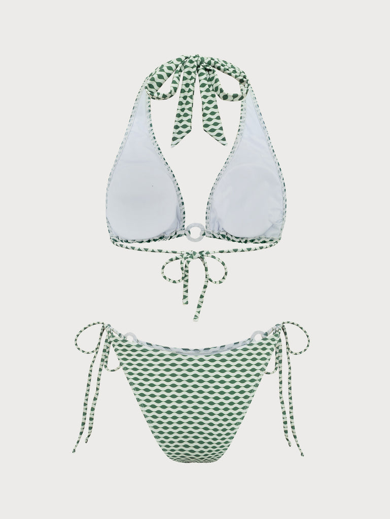 Green Wave Print Hoop Bikini Set