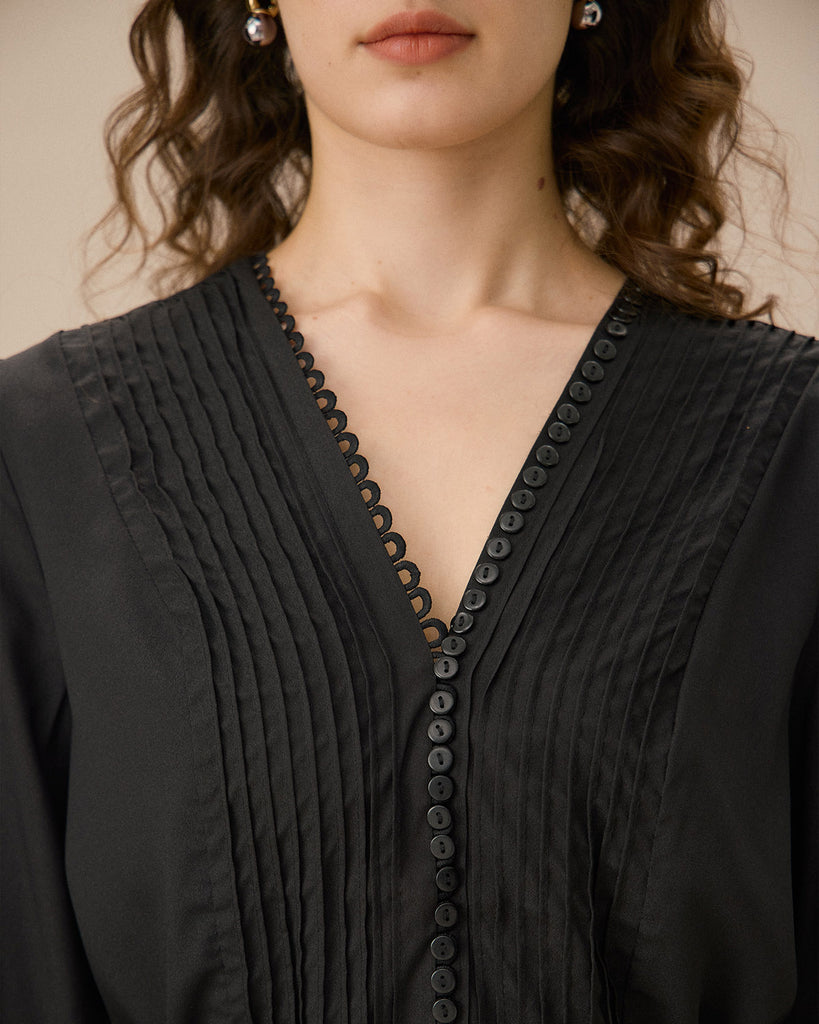 Black V-Neck Ruched Blouse