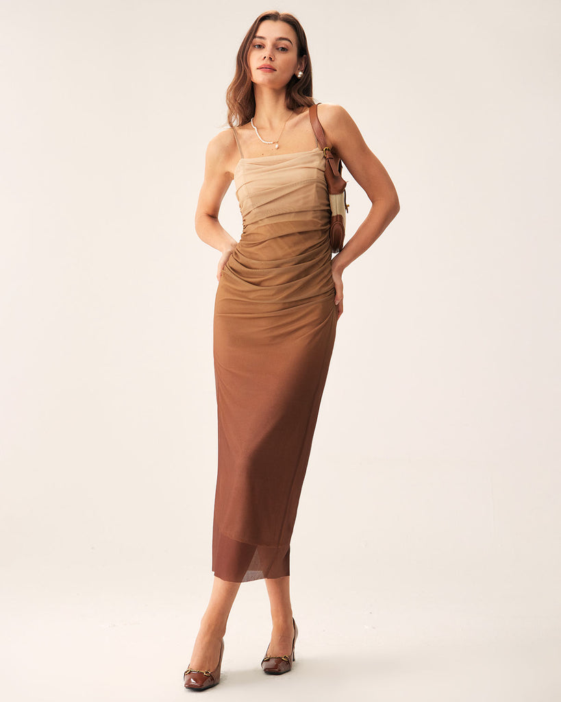 Brown Ruched Mesh Slip Midi Dress