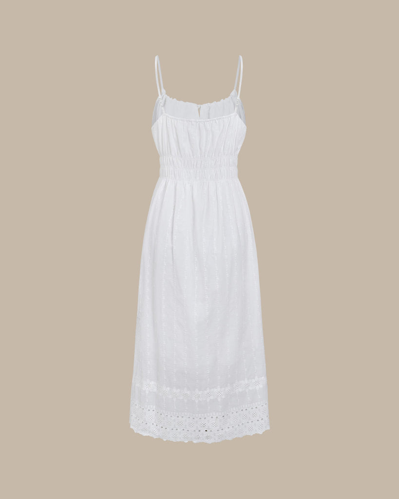 White Embroidery Shirred Slip Midi Dress