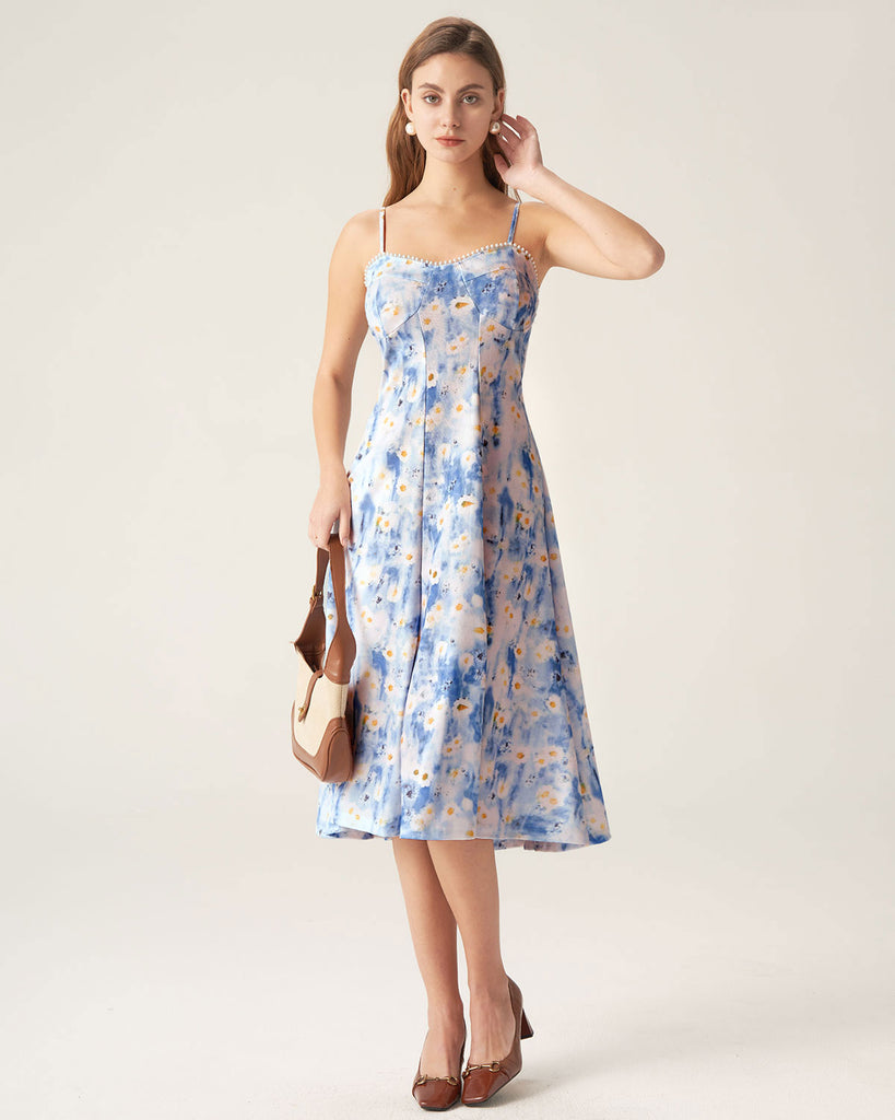 Blue Floral Sweetheart Neck Midi Dress