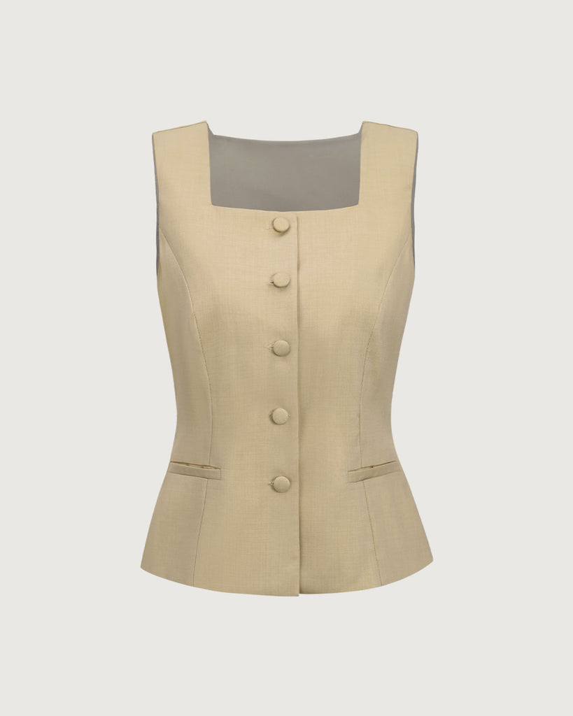 Yellow Square Neck Single Breasted Vest