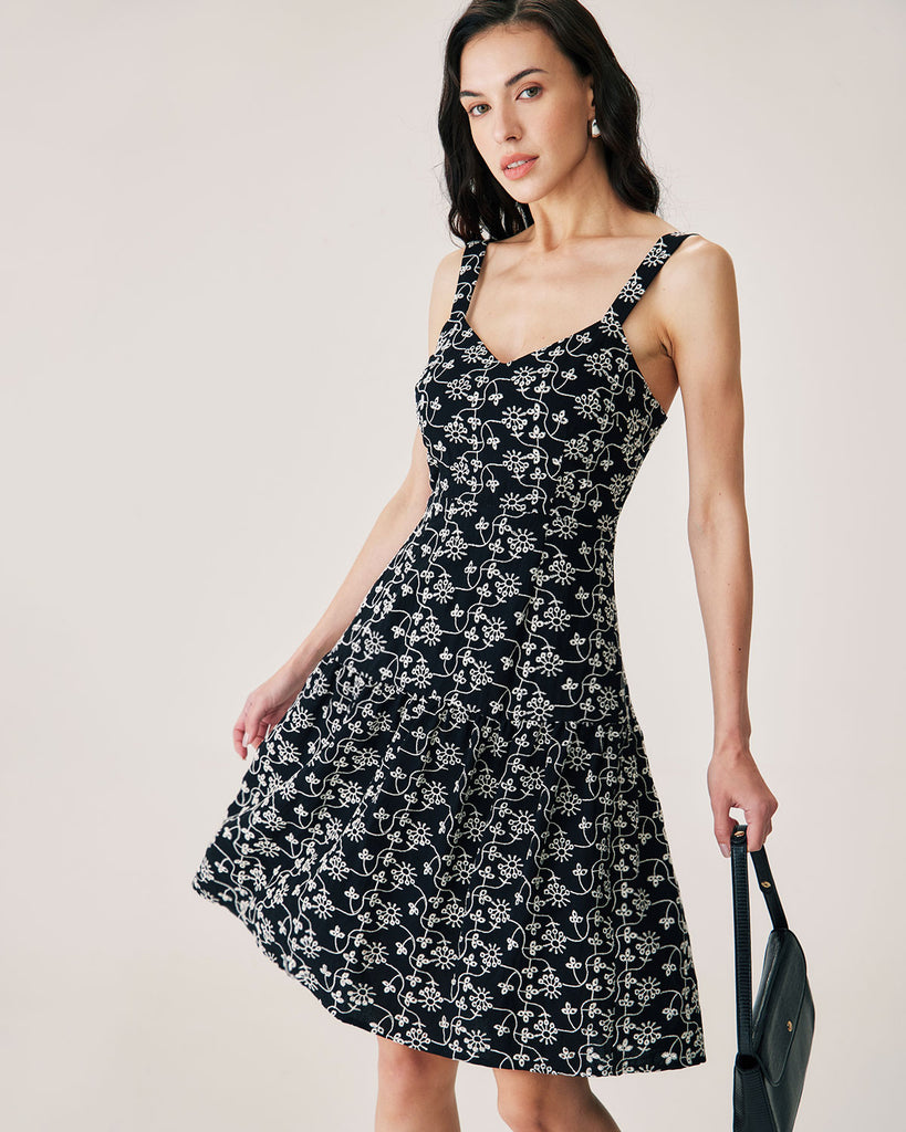 Black Floral Embroidery Slip Midi Dress