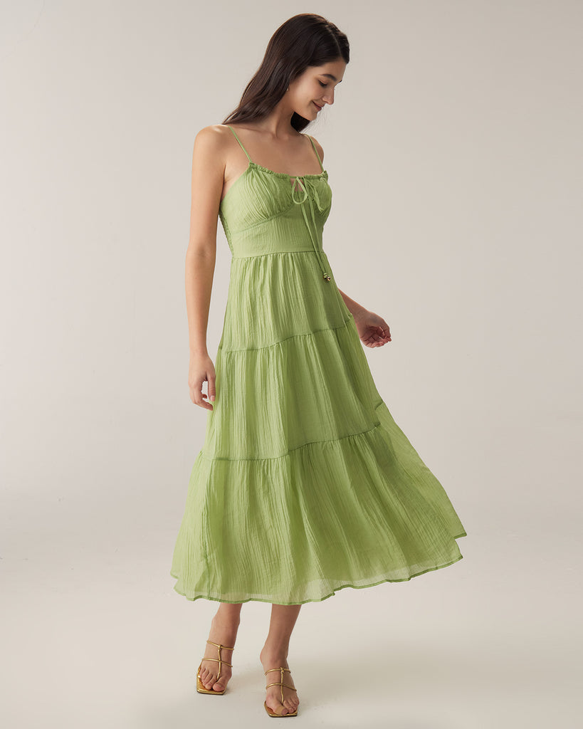 Green Tie Front Slip Midi Dress