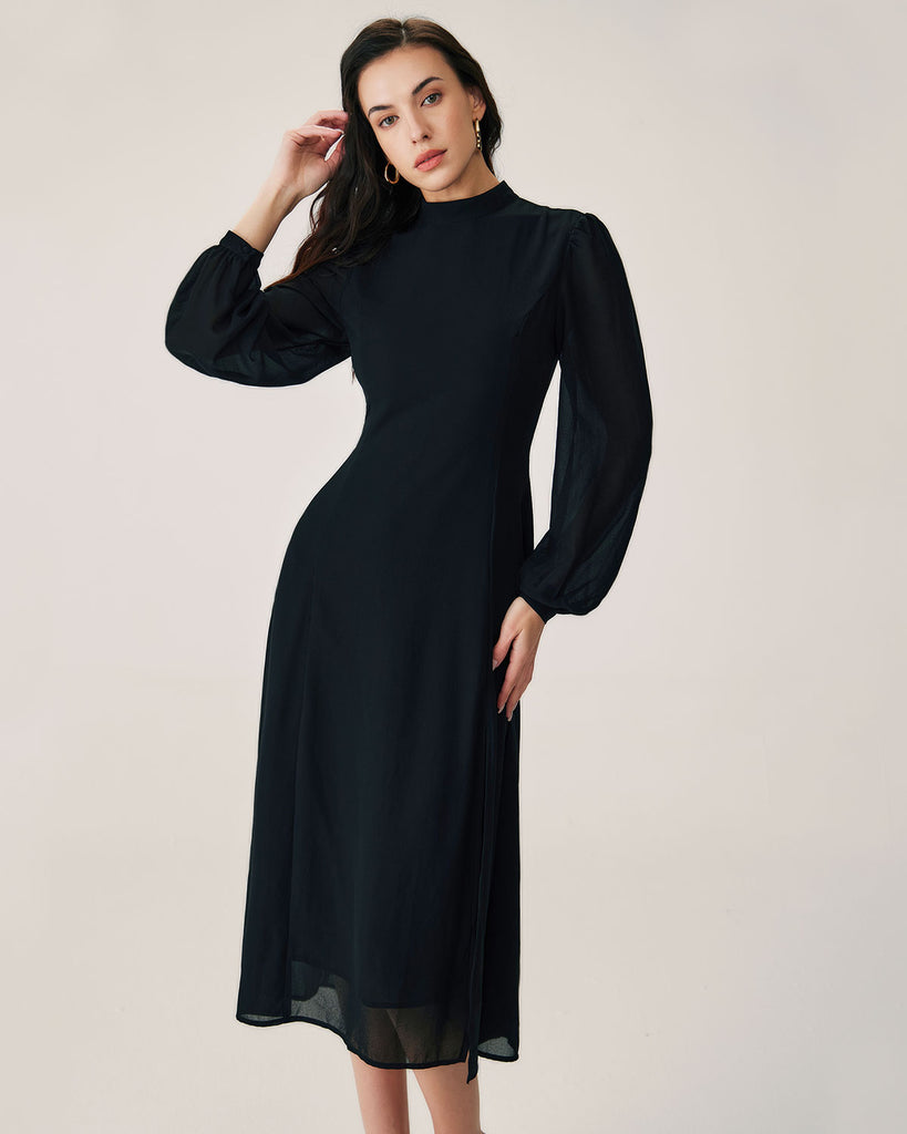 Black Sheer Turtleneck Flowy Midi Dress