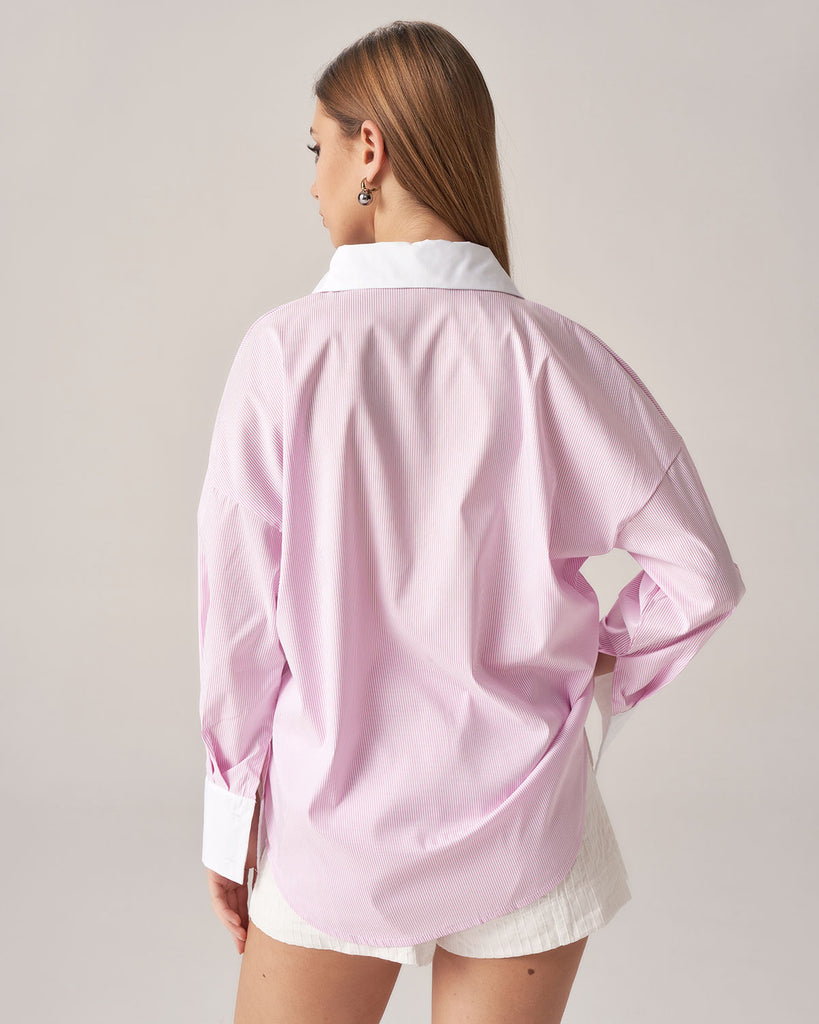 Pink Contrast Striped Loose Shirt