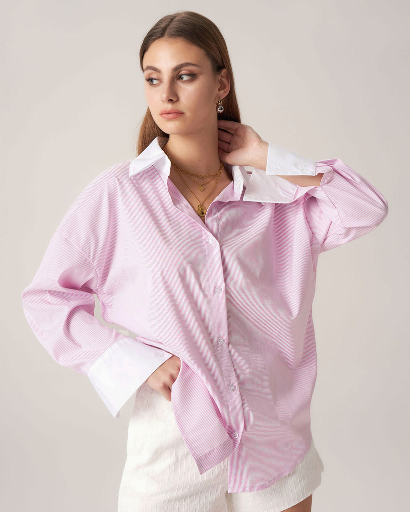 Pink Contrast Striped Loose Shirt