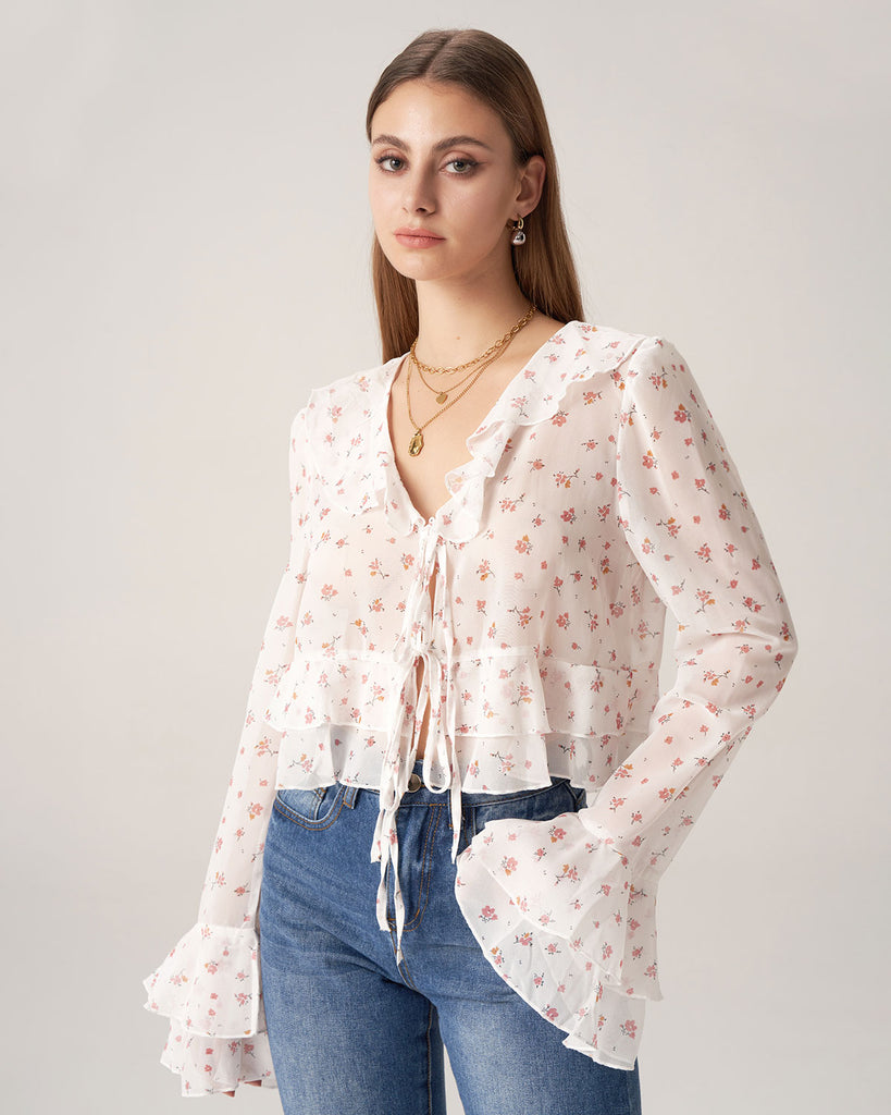 Bettydress Floral See-through Ruffle Blouse