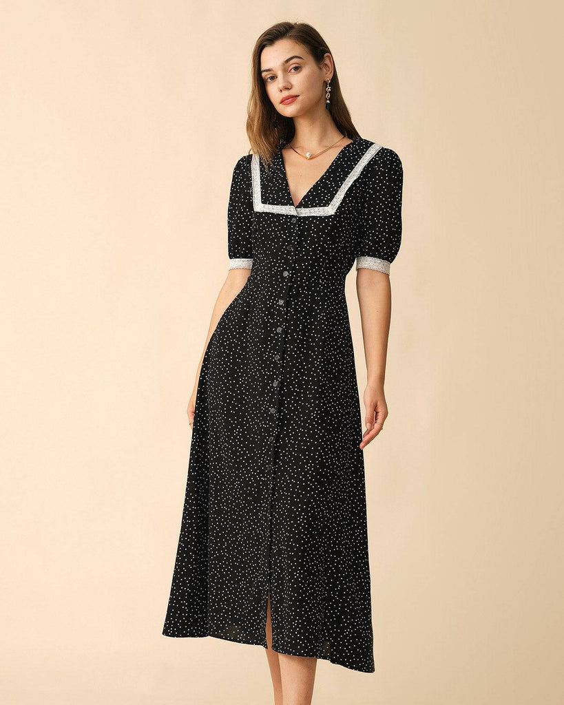 The Polka Dot Lace Trim Midi Dress - RIHOAS