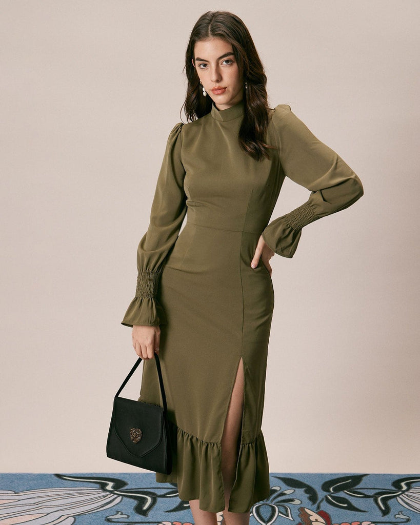 The Army Green Mock Neck Midi Dress Army Green Dresses - RIHOAS