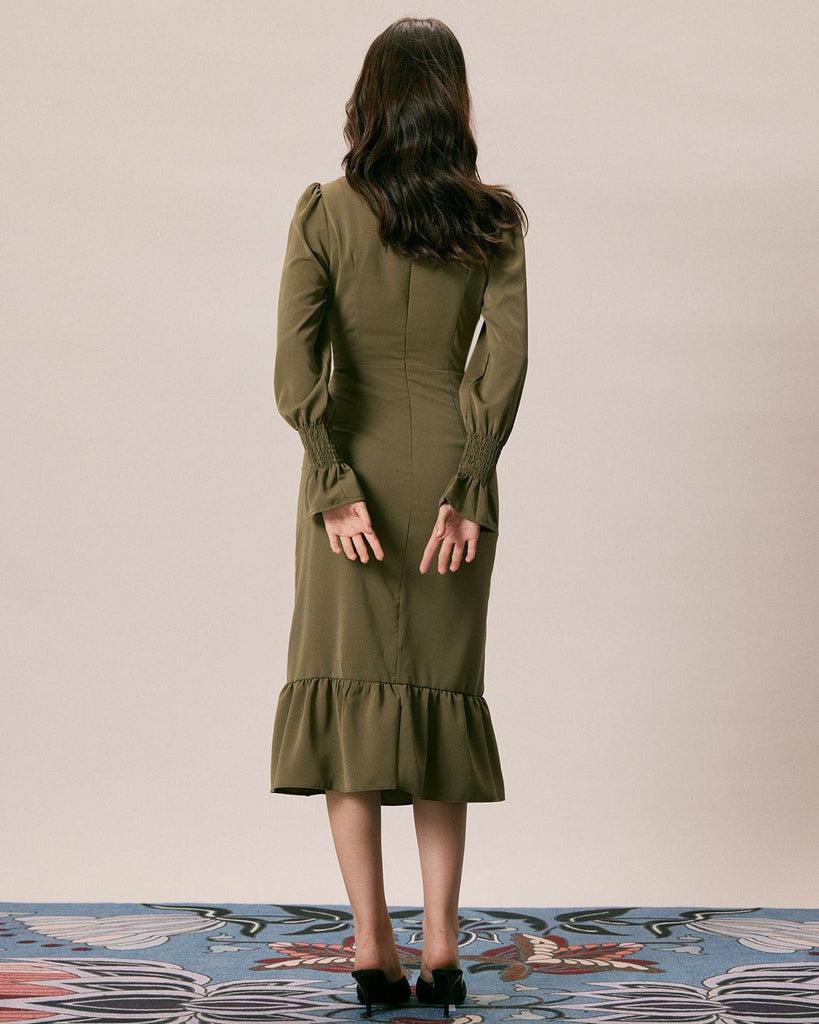 The Army Green Mock Neck Midi Dress Dresses - RIHOAS