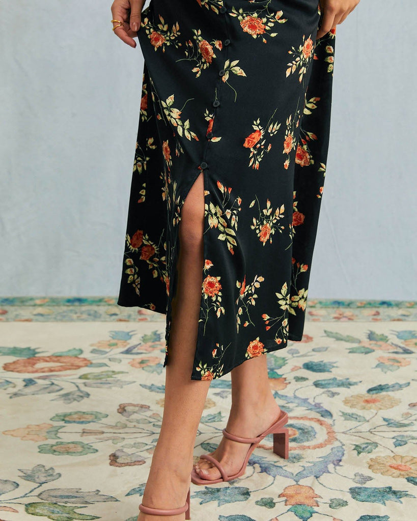 The Black V-Neck Button Detail Floral Maxi Dress Dresses - RIHOAS