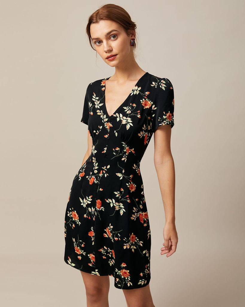 The Black V-Neck Floral Mini Dress Black Dresses - RIHOAS