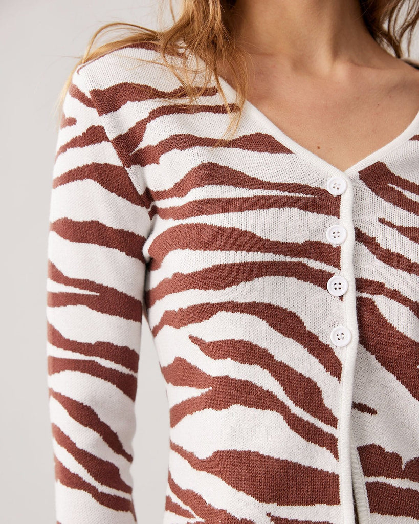 The Coffee V-neck Zebra Knit Cardigan Tops - RIHOAS