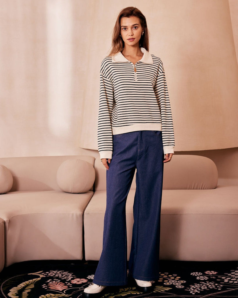 The Collared Half Zipper Striped Sweatshirt Apricot Tops - RIHOAS