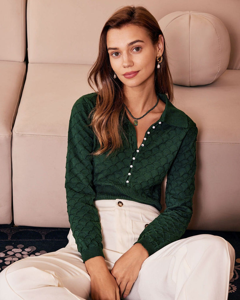 The Dark Green Textured Button Knit Top Tops - RIHOAS