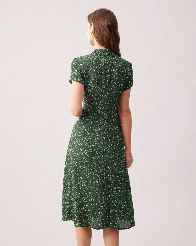 The Green Collared Ditsy Floral Midi Dress Dresses - RIHOAS