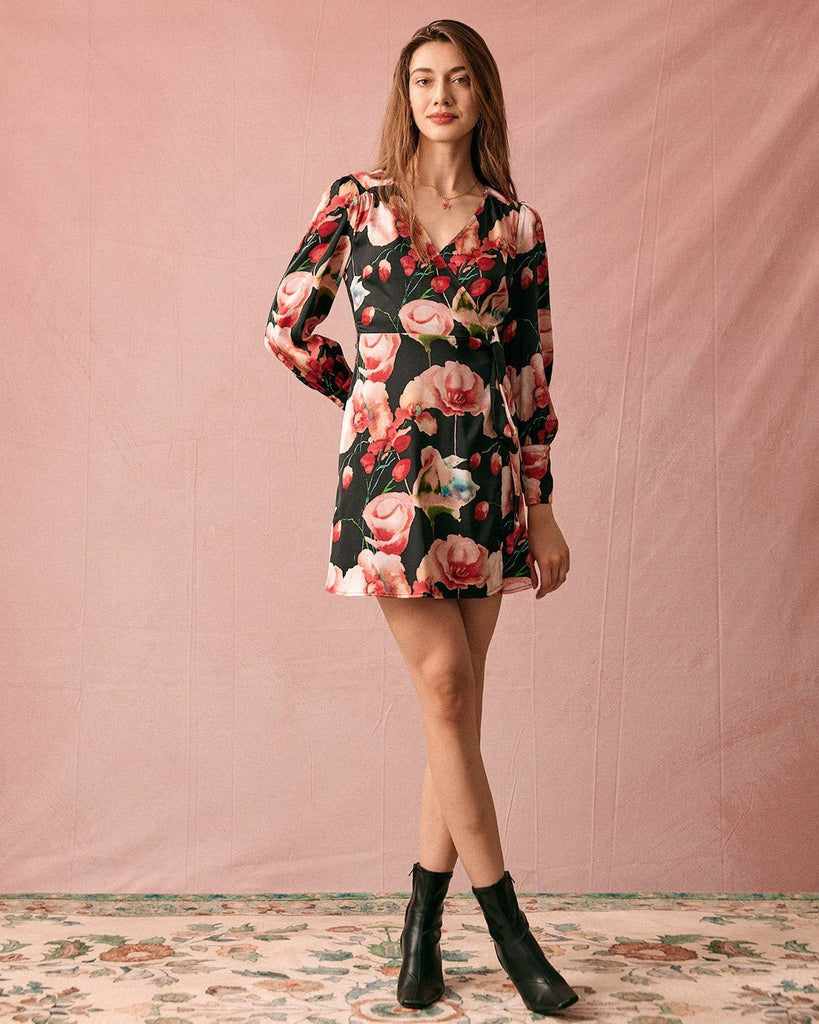 The Large Floral Print Wrap Mini Dress Dresses - RIHOAS