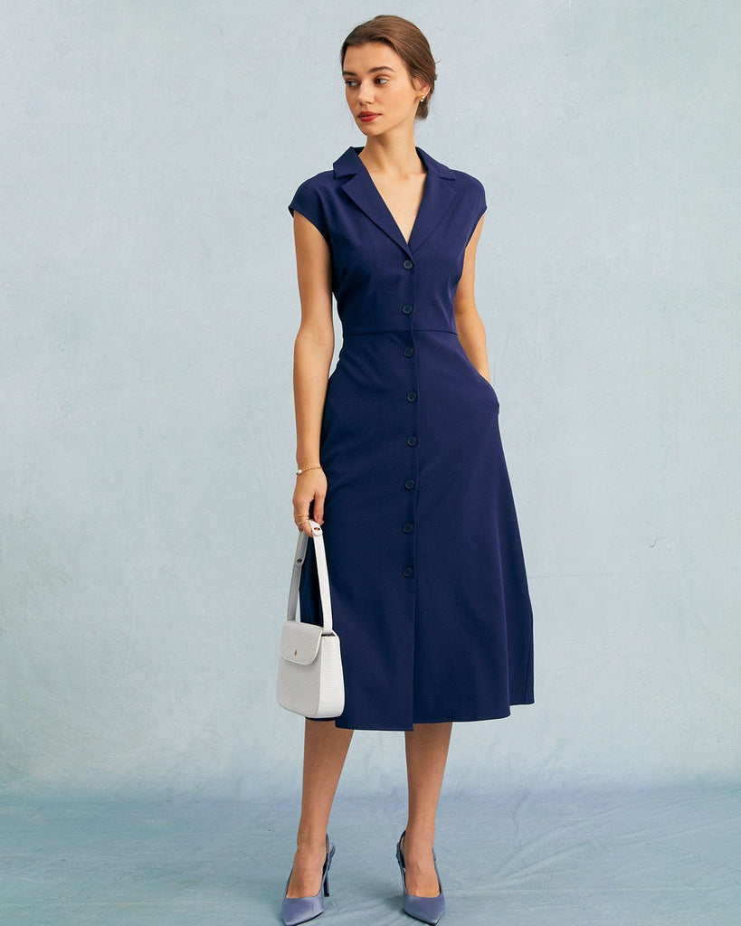 The Navy V-Neck Cap Sleeve Midi Dress Navy Dresses - RIHOAS