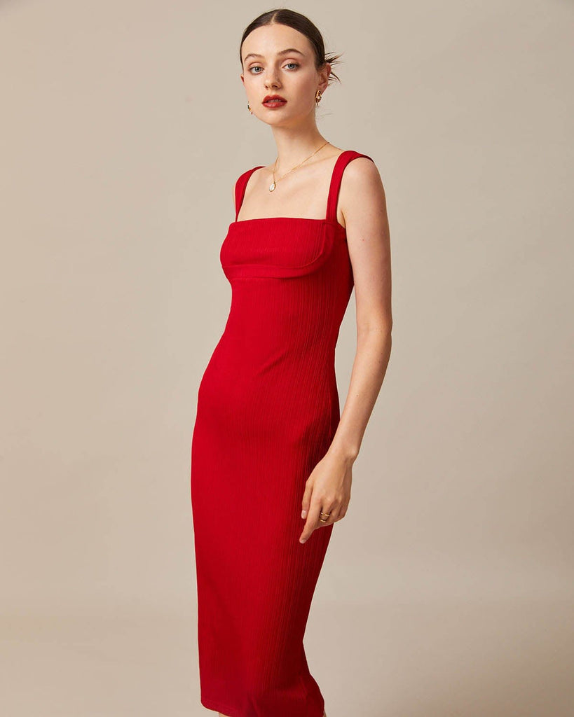 The Red Square Neck Ribbed Midi Dress Dresses - RIHOAS