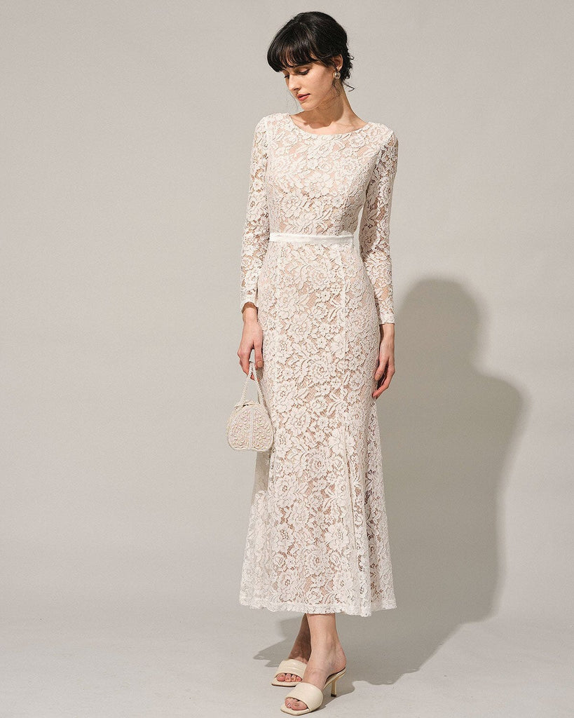 The Round Neck Lace Mermaid Maxi Dress White Dresses - RIHOAS