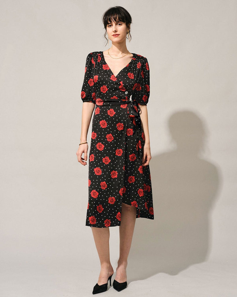 The V-Neck Floral Wrap Dress Dresses - RIHOAS