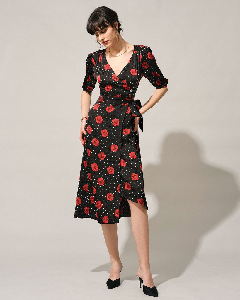 The V-Neck Floral Wrap Dress Dresses - RIHOAS