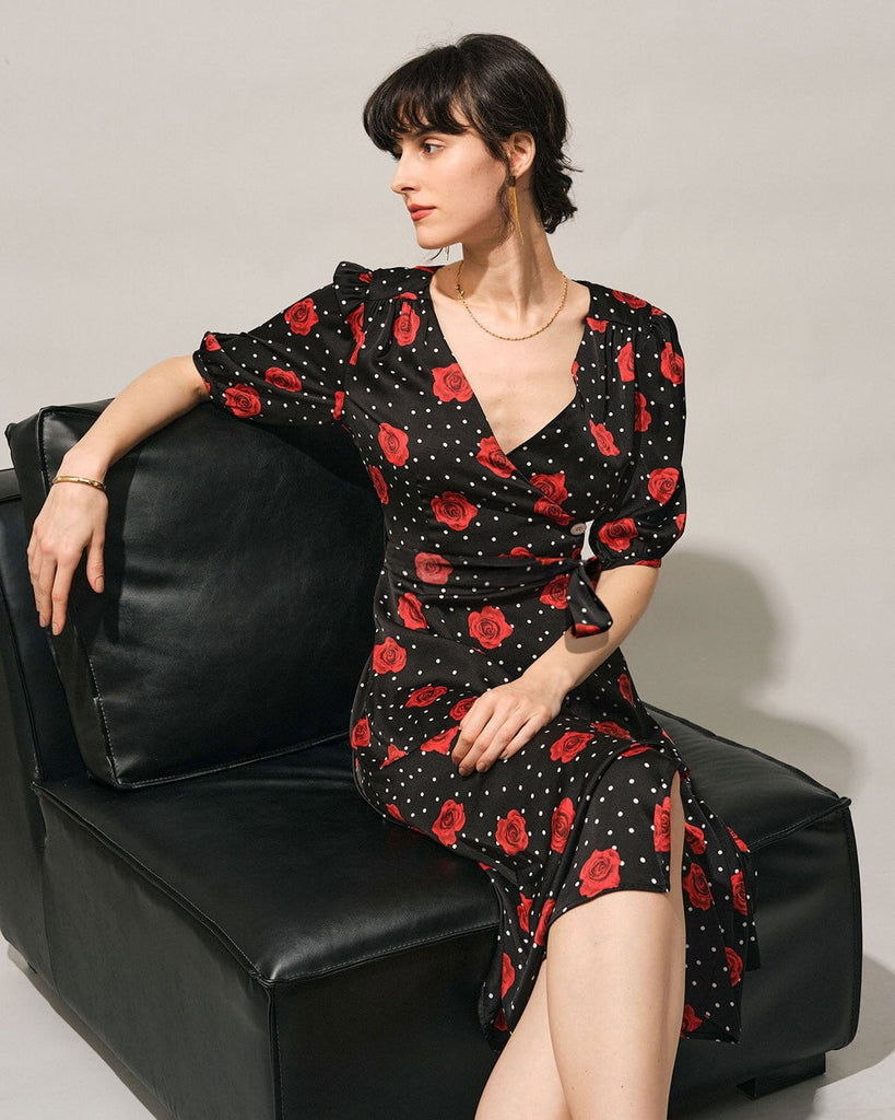 The V-Neck Floral Wrap Dress Dresses - RIHOAS